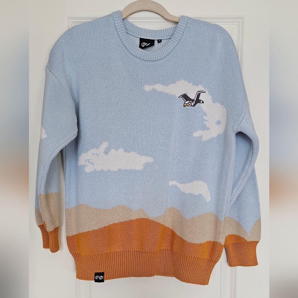 Love Joy Sky & Desert Landscape Sweater Medium Blue Cloud Graphic Cozy Knit